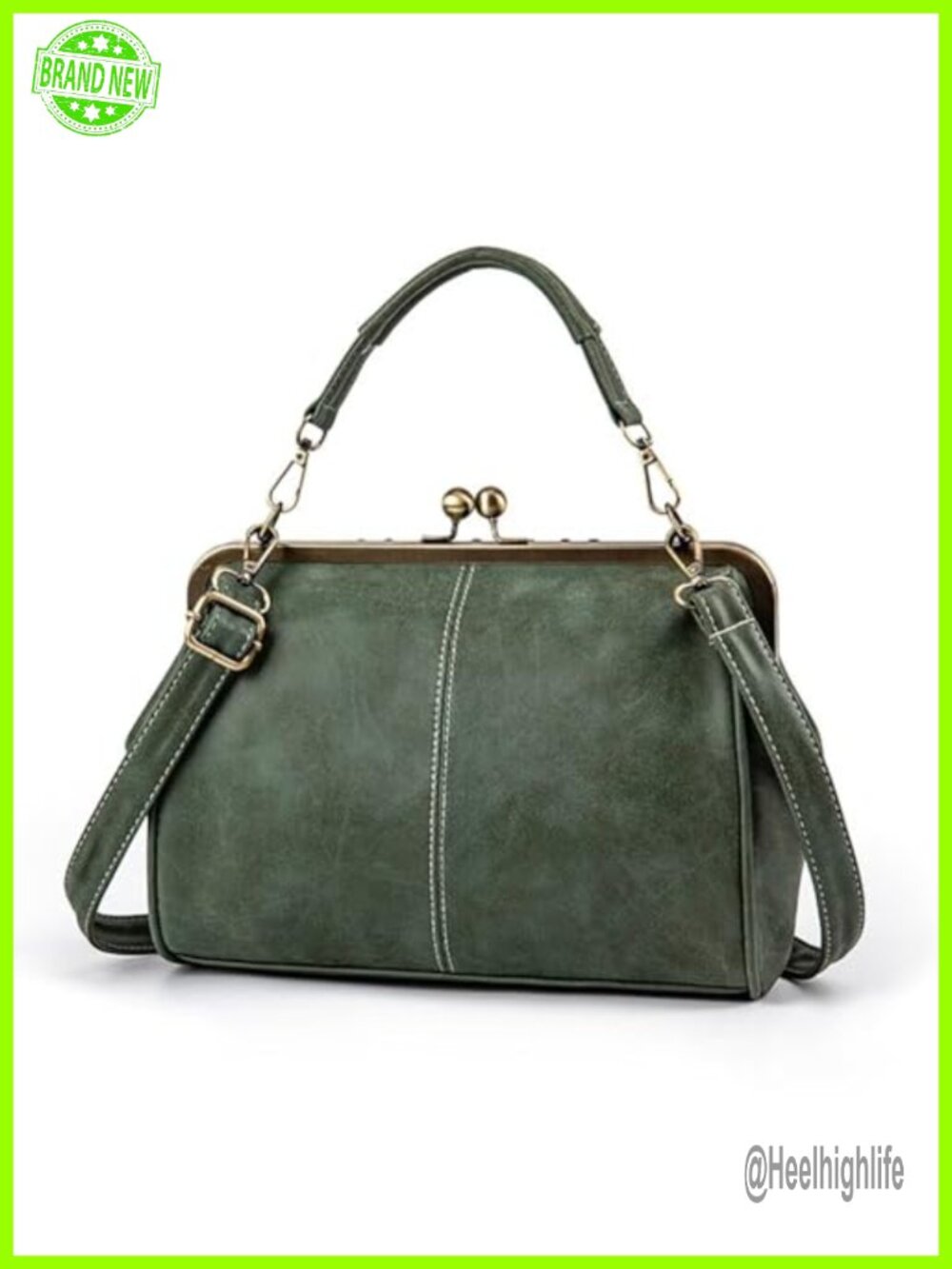 Vegan Leather Satchel Handbag Kiss Lock Top Handle Crossbody Shoulder Bag